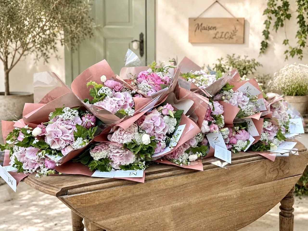 Série de bouquets préparés pour un événement professionnel