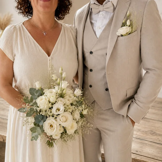 Mariés tenant un bouquet blanc et crème